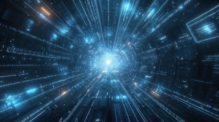 Futuristic blue tunnel with glowing light streaks and geometric patterns. Use for tech, science, or digital concepts relating to hyperspace travel.
