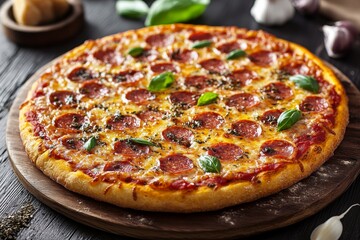 Freshly Baked Pepperoni Pizza with Basil, Served on a Wooden Board on a Dark Wooden Table Surface, Garlic, and Parmesan.