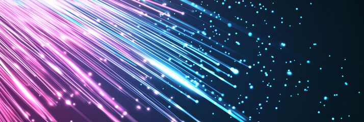 Neon banner with blue and purple light rays creating striking abstract background