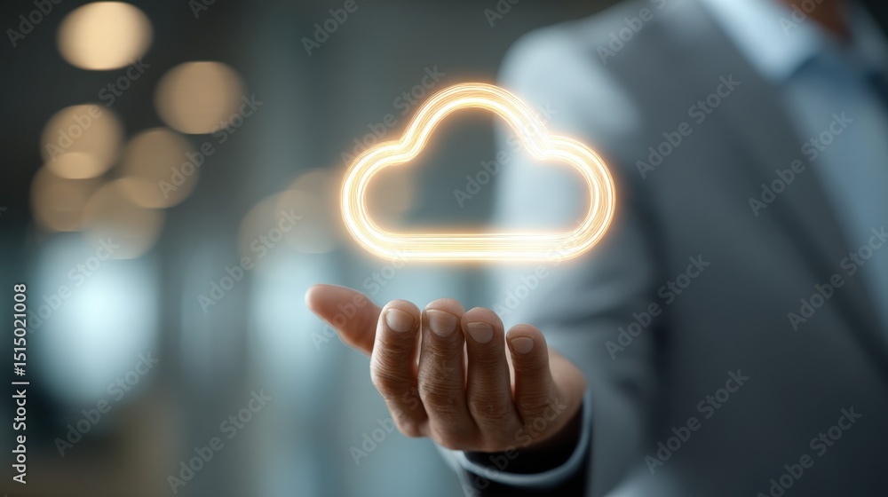 Poster a businessperson presents a glowing digital cloud icon hovering above their open hand, symbolizing c