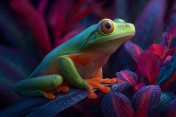 Obraz premium A vibrant exotic frog with a sleek, glossy surface sits among glowing tropical plants. 