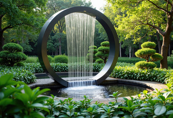 Create a tranquil outdoor oasis with this modern circular sculpture water feature, a stunning centerpiece for garden landscaping and serene environments.

