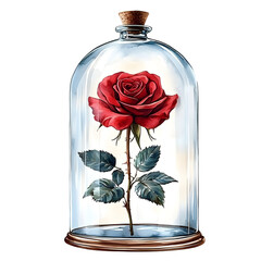 Watercolor painting of a beautiful red rose in a glass bell jar, vector illustration on a white background