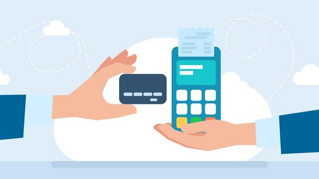 Terminal for cashier employee in store. Sales printed receipt. POS Terminal, debit credit card. Сash register display. Modern device using electronic payment by card with check. 2d flat animation	