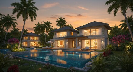 Luxurious tropical villa with infinity pool reflecting the warm sunset sky