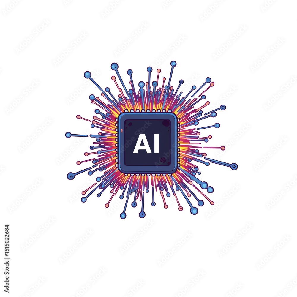 Poster illustration of a conceptual artificial intelligence processor core radiating signals on a white bac