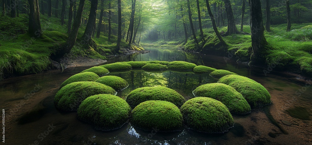 Poster tranquil forest stream with mossy rocks creating a serene scene