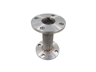 Vertical stainless steel pipe connector with flange. Ideal for factory, industrial engineering, pipe connections or construction visuals. Isolated on white background, transparent PNG