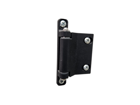 Sturdy hinge component in black finish, ideal for doors or cabinets. Suitable for door hinge themes, carpentry tools, and building components. On white background, transparent PNG