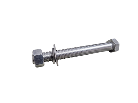 Industrial hex steel bolt with nut for mechanical or structural use. Great for industry, bolting, metal construction or repair content. On white background, transparent PNG
