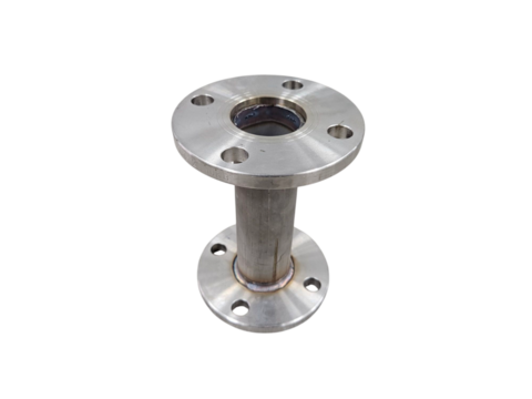 Vertical stainless steel pipe connector with flange. Ideal for factory, industrial engineering, pipe connections or construction visuals. Isolated on white background, transparent PNG