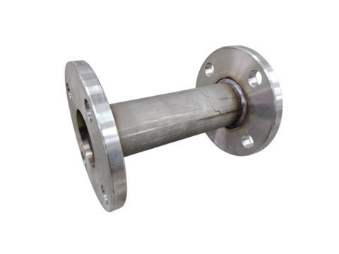 Industrial grade steel flange pipe horizontally mounted. Perfect for plumbing, industrial pipes, metal fittings or mechanical themes. Isolated on white background, transparent PNG