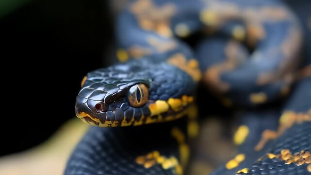 Detailed Macro Shot of a Black and Yellow Mangrove Pit Viper with Intricate Scale Pattern and Striking Eyes in a Natural Setting
