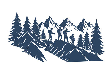 Obraz premium Group of hikers trekking through a mountain landscape with pine trees. adventure, hiking, nature, and outdoor exploration vector illustration.