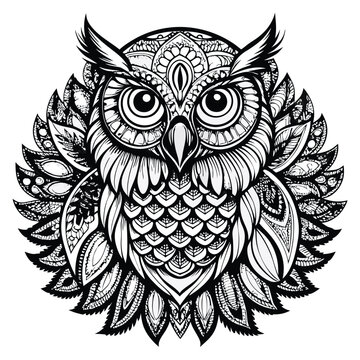 Detailed Black and White Owl Illustration with Intricate Patterns and Feather Designs