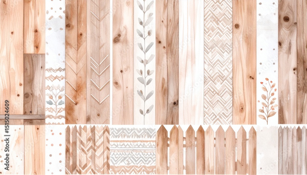 Poster rustic boho watercolor backdrop concept. textured wooden panels with intricate line patterns and des