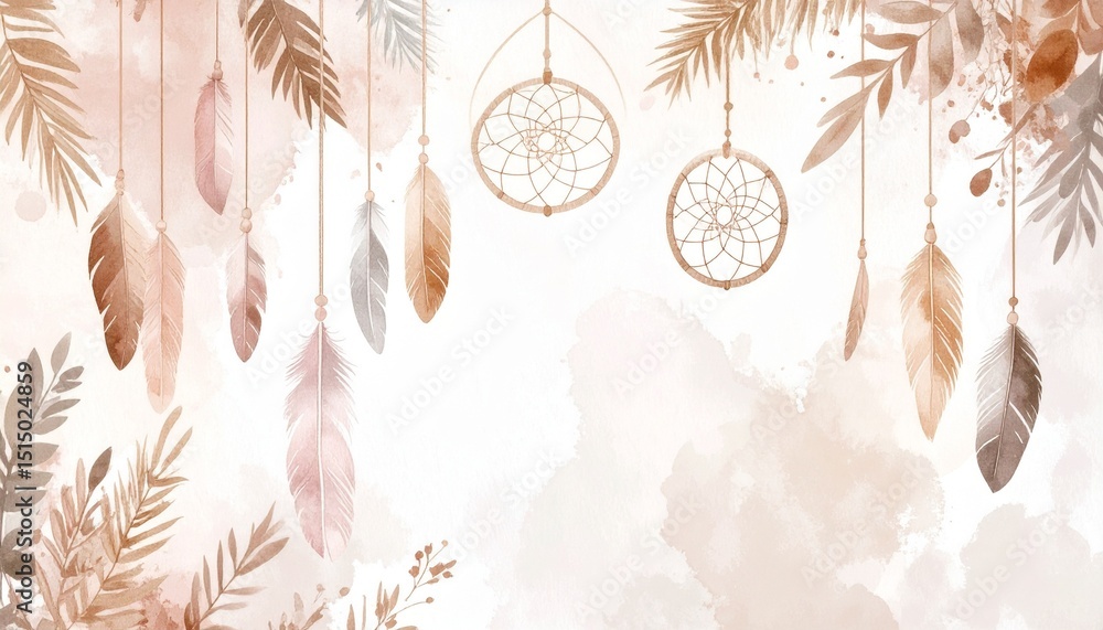 Aufkleber rustic boho watercolor backdrop concept. dreamcatchers and feathers with soft botanical elements on 