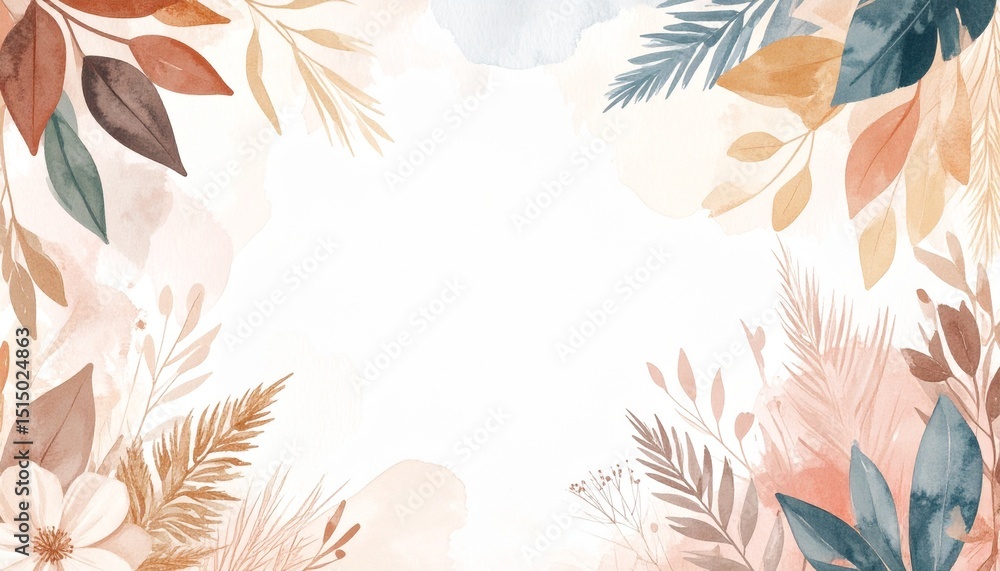 Poster rustic boho watercolor backdrop concept. floral background with soft colors and empty center for tex