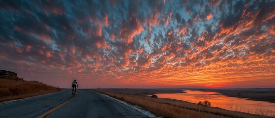 Fototapeta premium Cyclist on road at sunset over river