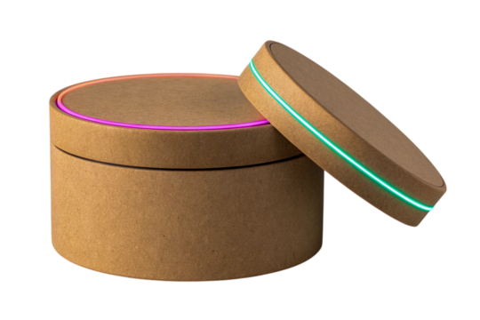 Round Cardboard Box with Neon Lights Open Lid on Transparent Background, ai generated