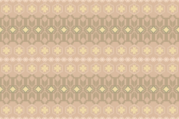 Geometric pattern fabric pattern with symmetry and mainly using beige and light brown tones. The elements are repeated geometric shapes, creating dimension and beauty. Wallpaper, curtains, cushions