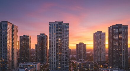 Obraz premium Sunset Glow Illuminates Modern Cityscape with High-Rise Buildings and Warm Tones