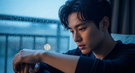 Thoughtful Man Sitting Alone by Rainy Window