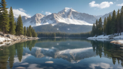 Fototapeta premium Majestic mountain landscape with clear lake and reflection under blue sky