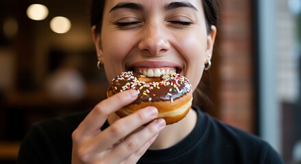 Woman Enjoying Eating Chocolate Sprinkled Donut