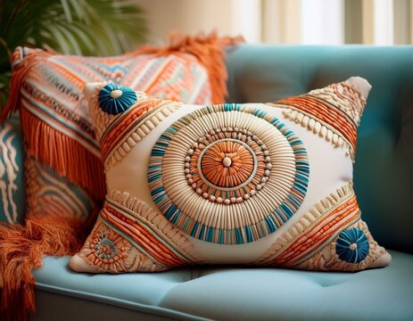 Detail eines Boho-Kissens mit Muschelverzierung auf heller Couch