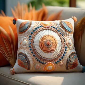 Detail eines Boho-Kissens mit Muschelverzierung auf heller Couch