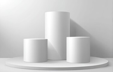 Three white cylindrical podiums on a circular platform.  Empty display stands for product presentation