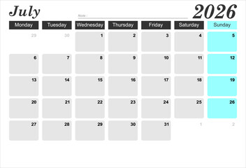 2026 year calendar. month, The week start on monday. EPS file vector.