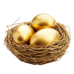 Fototapeta premium Golden eggs nestled in a decorative nest made of twigs and ribbons in a soft light setting