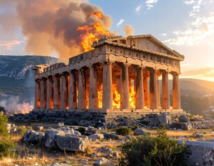 Naklejka premium Ancient temple engulfed in flames at sunset