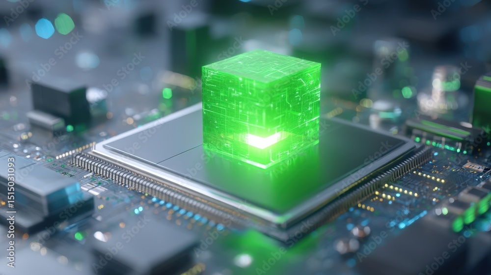 Aufkleber a glowing green digital cube hovers above a computer microchip, symbolizing advanced technology and 