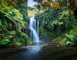 Obraz premium cascading waterfall surrounded by lush greenery