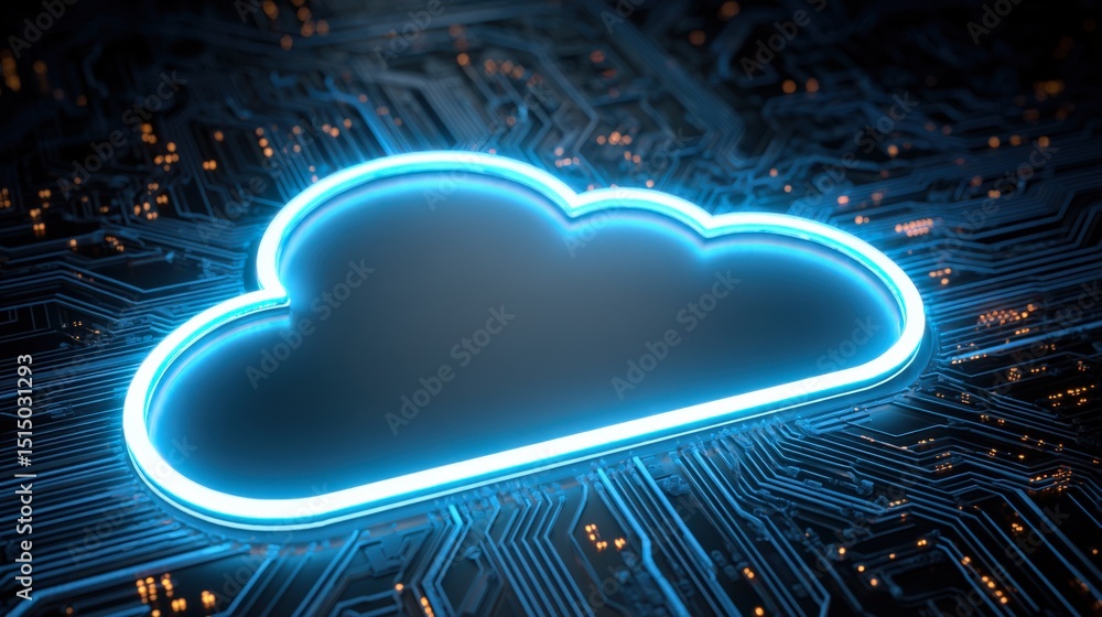 Poster a glowing cloud icon is displayed over a detailed circuit board, symbolizing cloud computing and dig