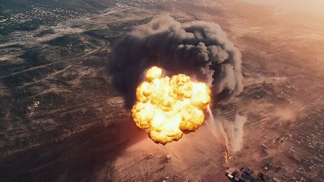 Aerial view of massive fire and smoke plume, possibly from industrial accident or attack.  Two bright projectiles are visible descending towards ground zero