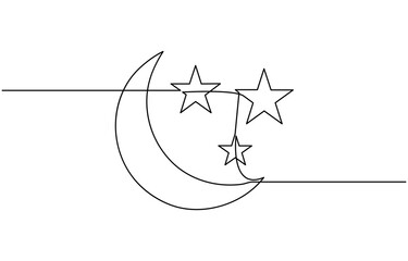 One continuous line drawing of Moon with star. Ramadan Kareem banner in simple linear style. Sleep symbol with crescent, Turkish flag in continuous line drawing style.
