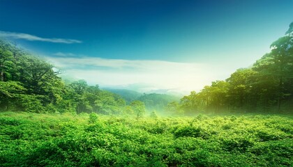 Obraz premium lush green forest landscape with clear sky and open space below