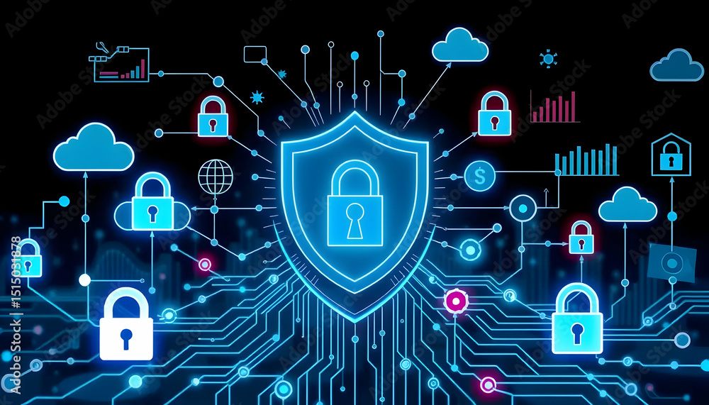 Aufkleber digital security concept with shield lock and data visualization against dark background