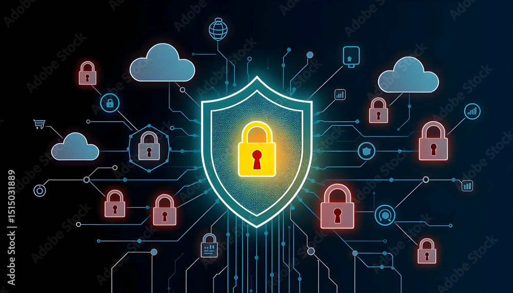 Poster digital shield with padlock and cloud symbols representing cyber security on dark blue background