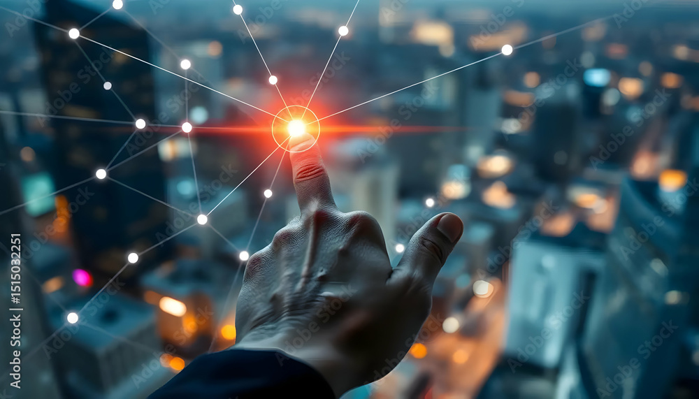 Poster hand touching digital interface point over cityscape background network connection concept
