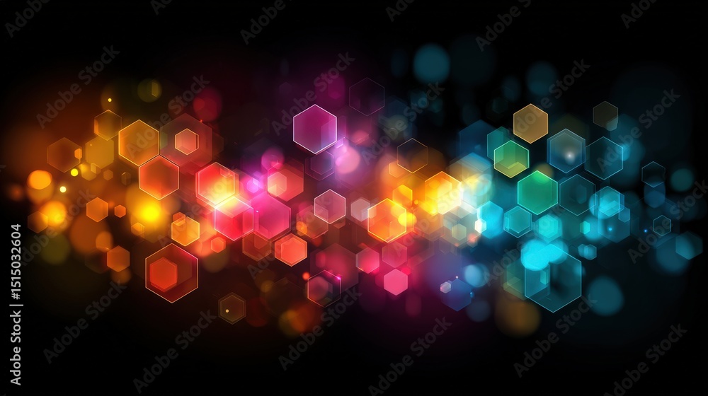 Aufkleber vibrant hexagons and glowing bokeh lights create a colorful, abstract background on a dark backdrop.