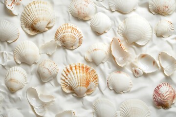 Seashells Collection of White & Orange Shades on Soft White Fabric Texture Background