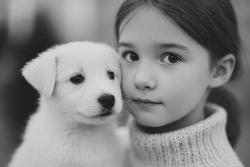 heartwarming close-up captures gentle interaction between curious little child and adorable puppy