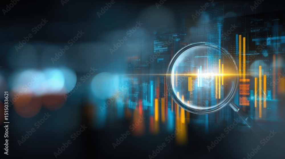 Poster a magnifying glass focuses on glowing digital graphs and data charts, symbolizing analysis, research