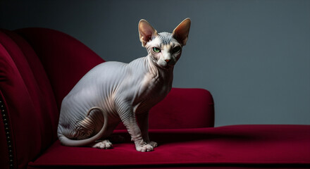 Sphynx Cat Posing on Red Velvet Couch