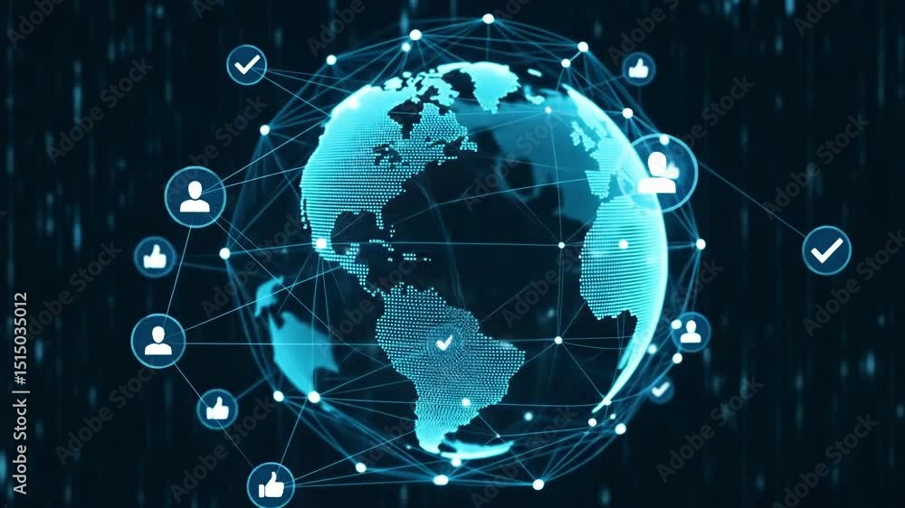 Poster global network connecting people and data around the world with digital technology